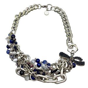 Jessica Simpson Necklace Silver Tone 90s Chunky Multi-Chain with Blue Beads Bow